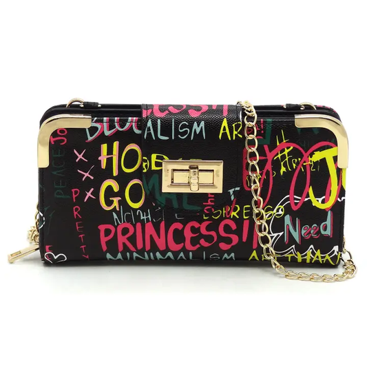 GP041 Multi Graffiti Turn Lock Crossbody Wallet