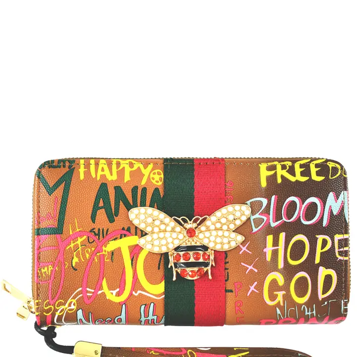 GP028 Multi Graffiti Queen Bee Zip Around Wallet Wristlet Double Zipper