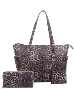 LE1009W  3 in 1 Leopard Shopper Bag with Matching Wallet
