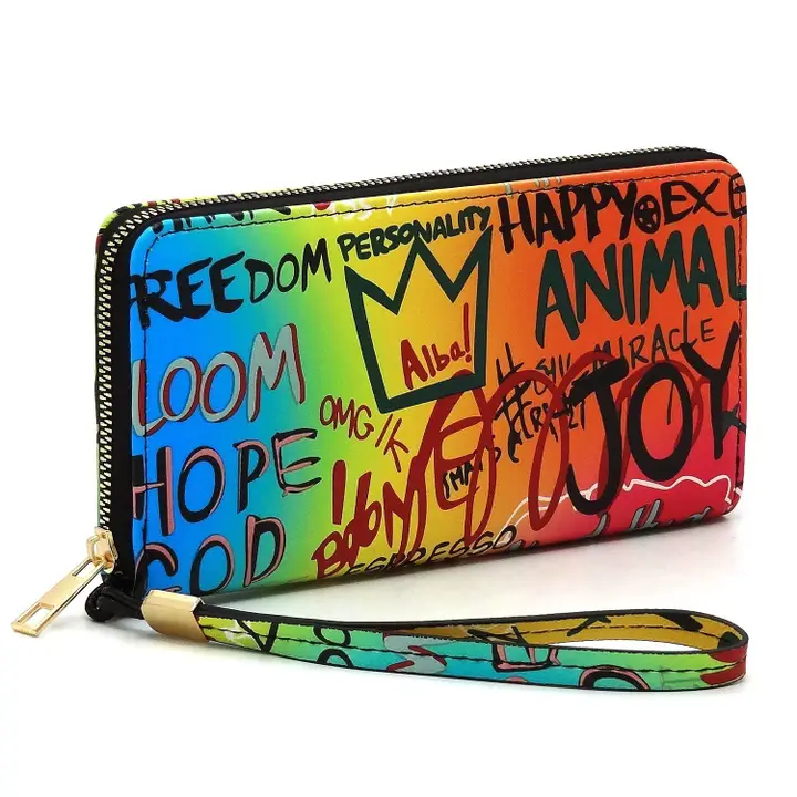 GP028 Multi Graffiti Queen Bee Zip Around Wallet Wristlet Double Zipper