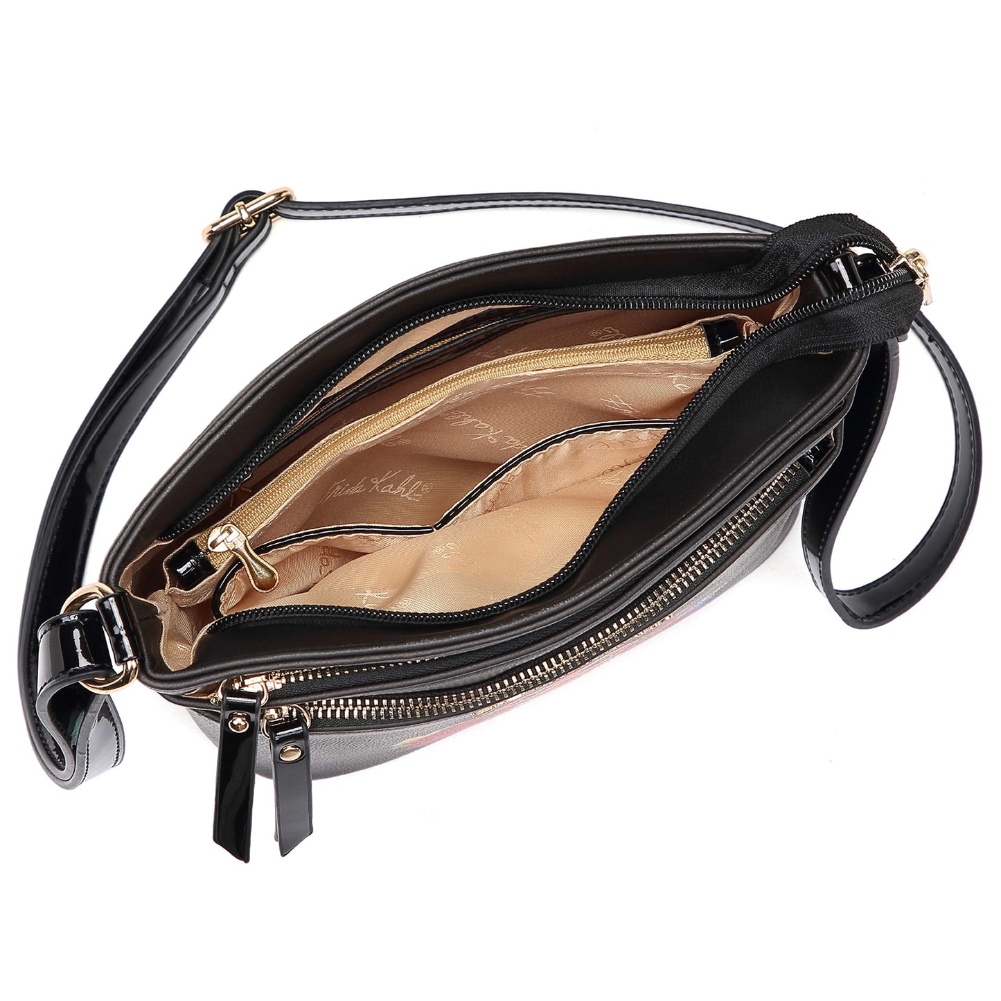 FA705 Frida Kahlo Multi Zip Pocket Crossbody Bag