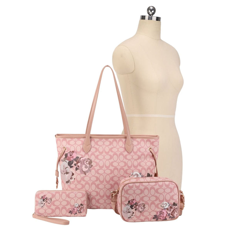 ZW-31626 3-in-1 Oval ROSE GLAM Monogram Handbag / Crossbody Wallet Set