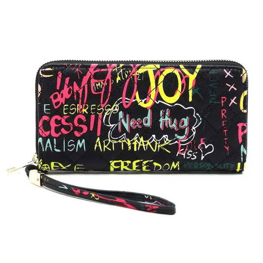 GP028 Multi Graffiti Queen Bee Zip Around Wallet Wristlet Double Zipper