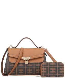 2in1 Pattern Print Key Lock Satchel Bag with Wallet EE-2103A BLACK